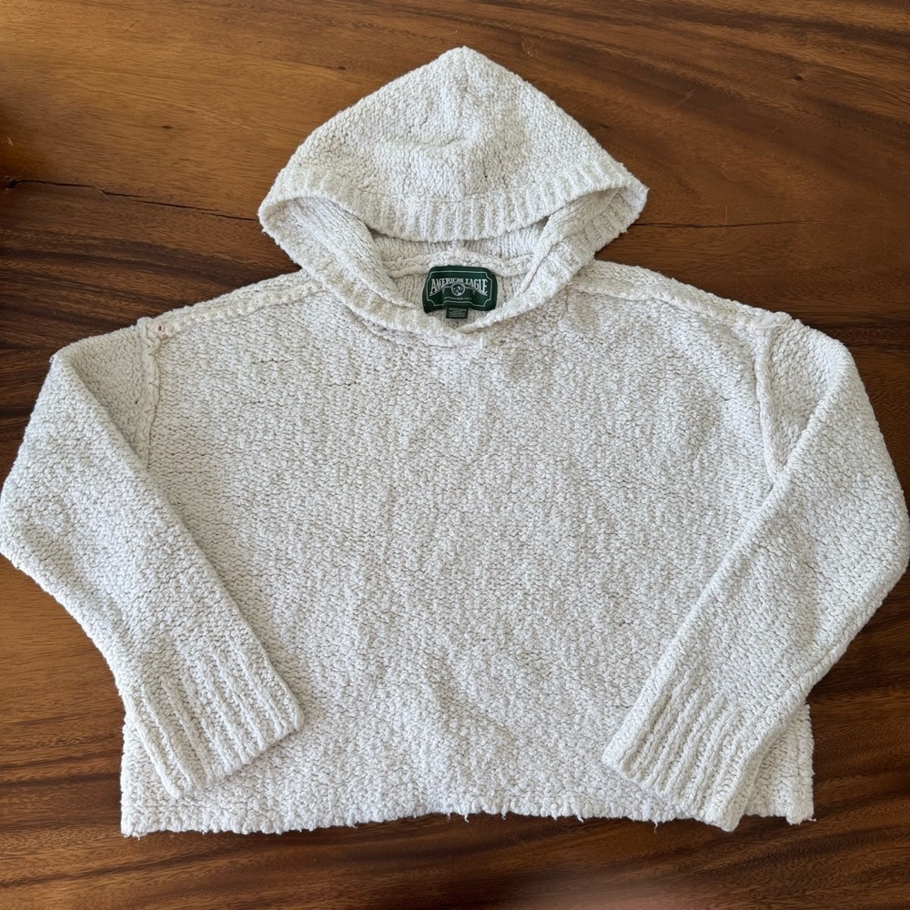 American Eagle Cream Raw Hems Knitted Hooded Soft Crop Sweater Size XS
